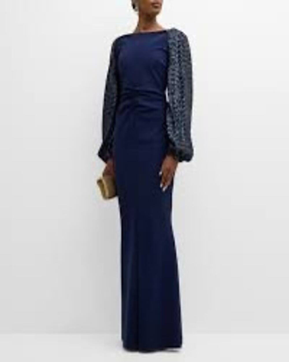 Chiara Boni Navy Mermaid Gown Ruched Sequin Sleeves Formal Evening Dress 6